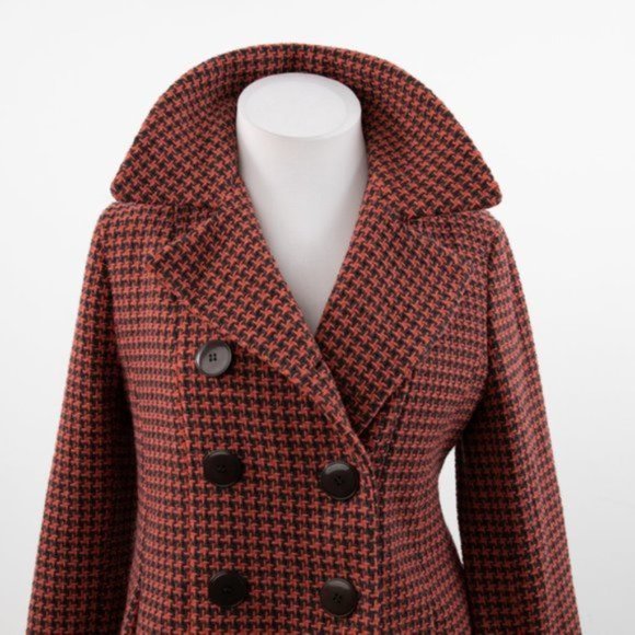 Vintage 10 Wool Houndstooth Tweed Pea Coat Coral - Picture 5 of 10